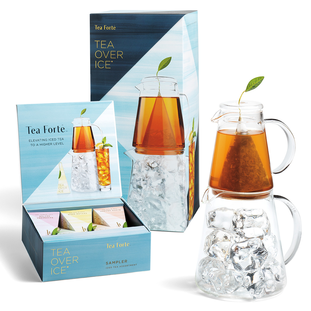 Tea Forte Tea Over Ice Steeping Pitcher + Tea Infuser Blends, Ceylon Gold  Pitcher Sized Ice Tea Infusers (5pk) + Glass Serving & Brewing Pitcher Set